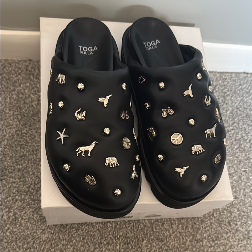 TOGA Pulla Black Mules with Silver Embellishments